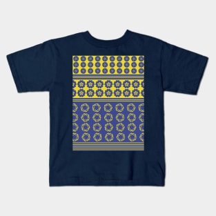 Japanese Shibori Patchwork Floral Motif Blue Gold Kids T-Shirt